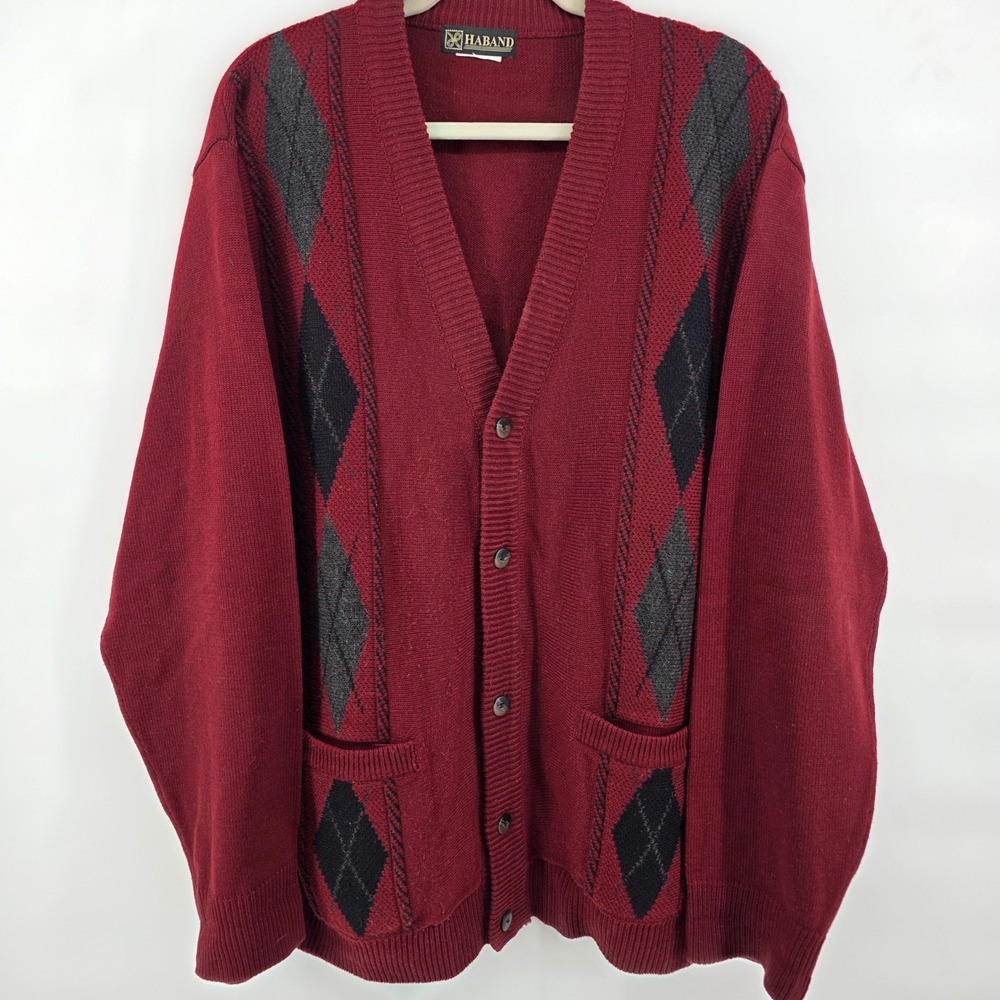 Haband Mens XL Cardigan Sweater‎ Burgundy Argyle V Neck Button Front Pockets